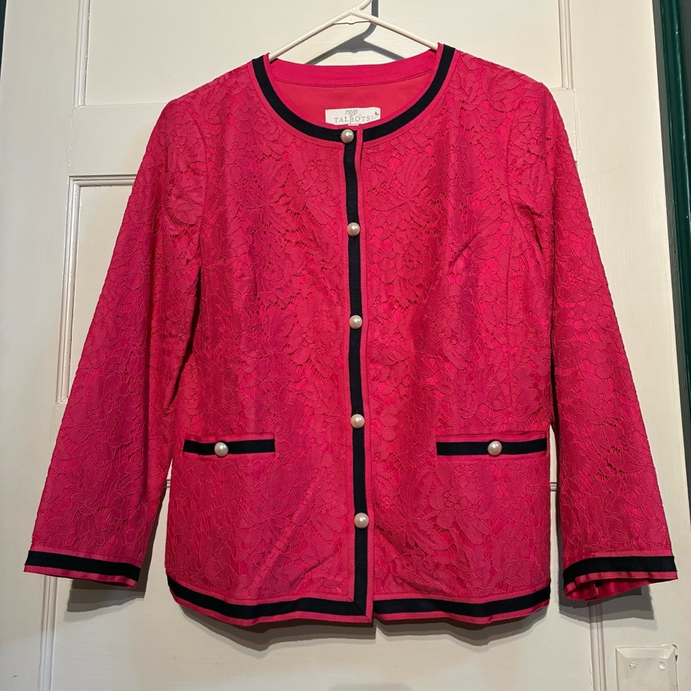 RSVP By Talbots Pink Floral Corded Lace Blazer Navy Trim Faux Pearl Buttons